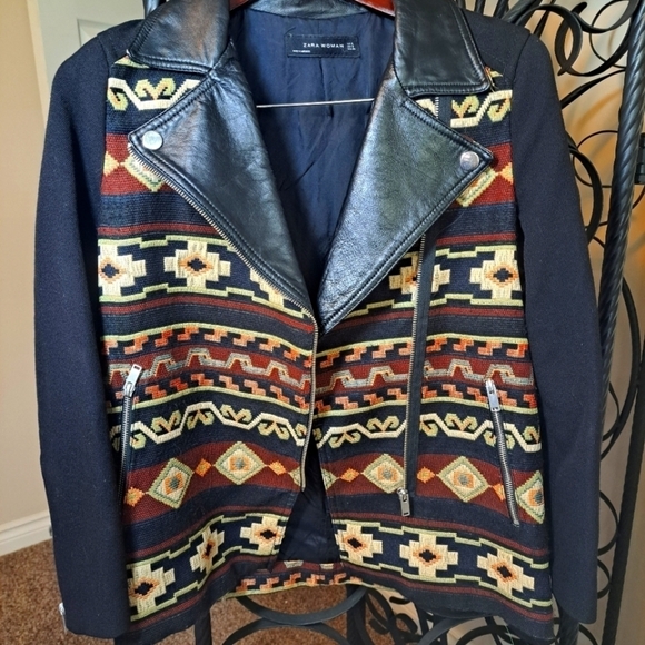 Zara Aztec Pattern Women's wool and leather  Biker Jacket - Picture 1 of 8